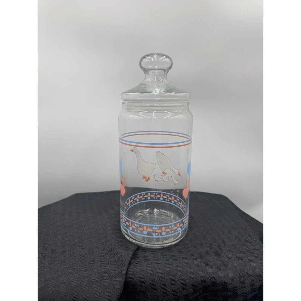 Vintage Luminarc France Tall Apothecary Glass Storage 10.5'' Jar Hearts & Geese